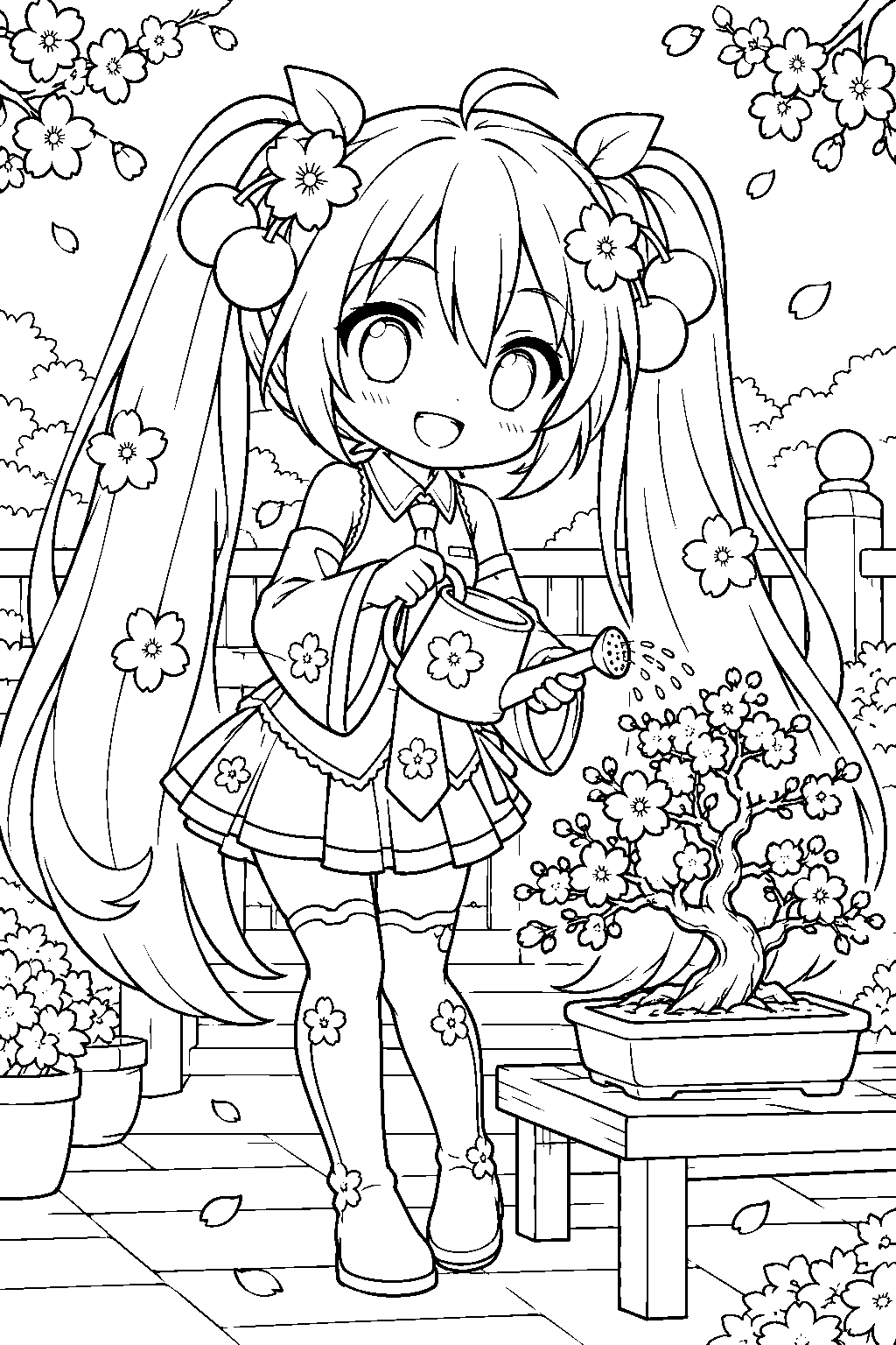 chibi sakura miku watering a cherry blossom bonsai on a garden terrace line art