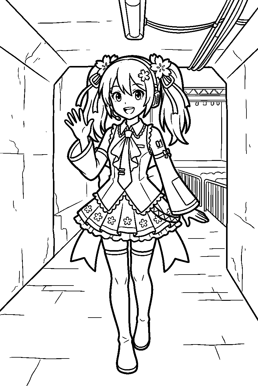 hatsune miku sakura in concert backstage tunnel line art