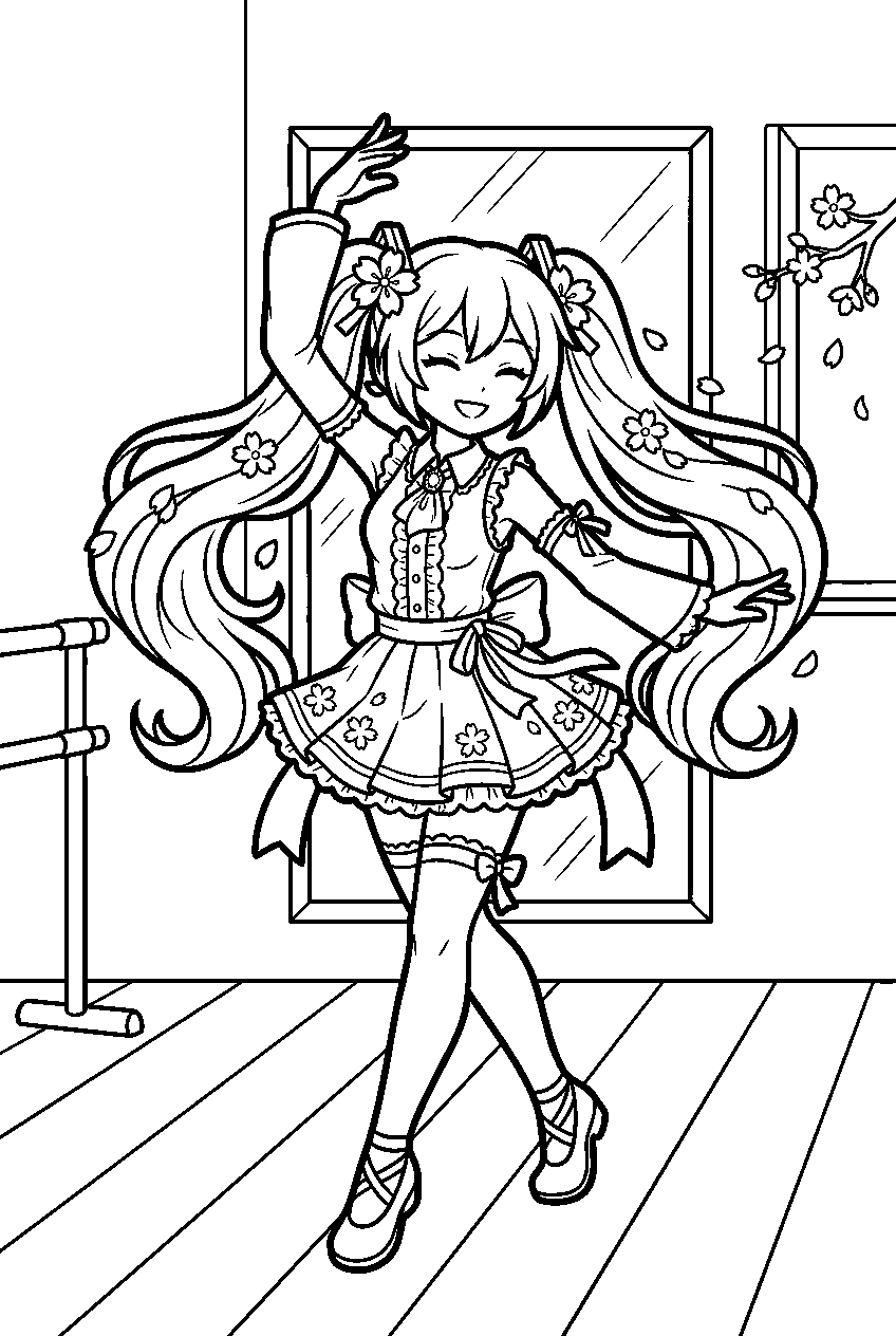 hatsune miku sakura in dance studio line art