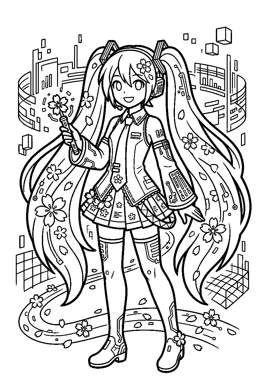 hatsune miku sakura in digital world line art