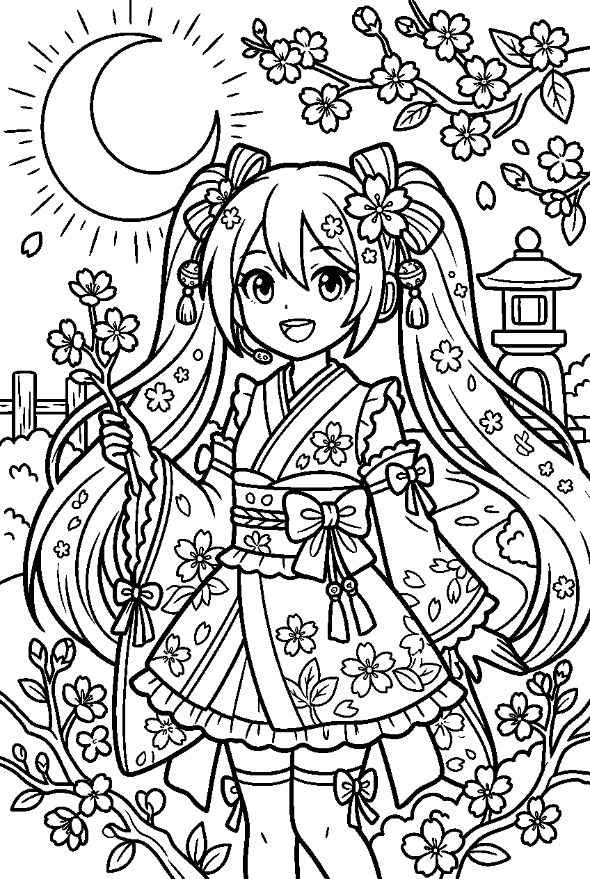 hatsune miku sakura in moonlit garden line art
