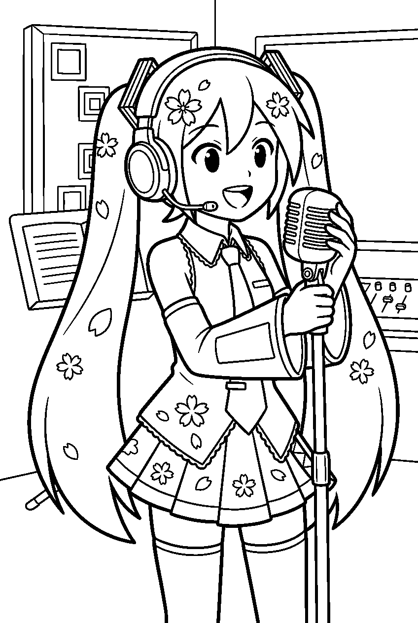 hatsune miku sakura in recording studio line art
