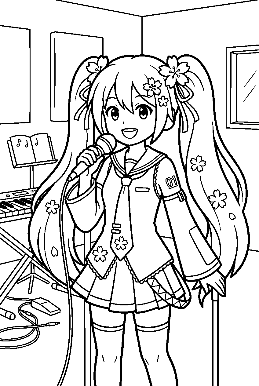 hatsune miku sakura in rehearsal studio line art