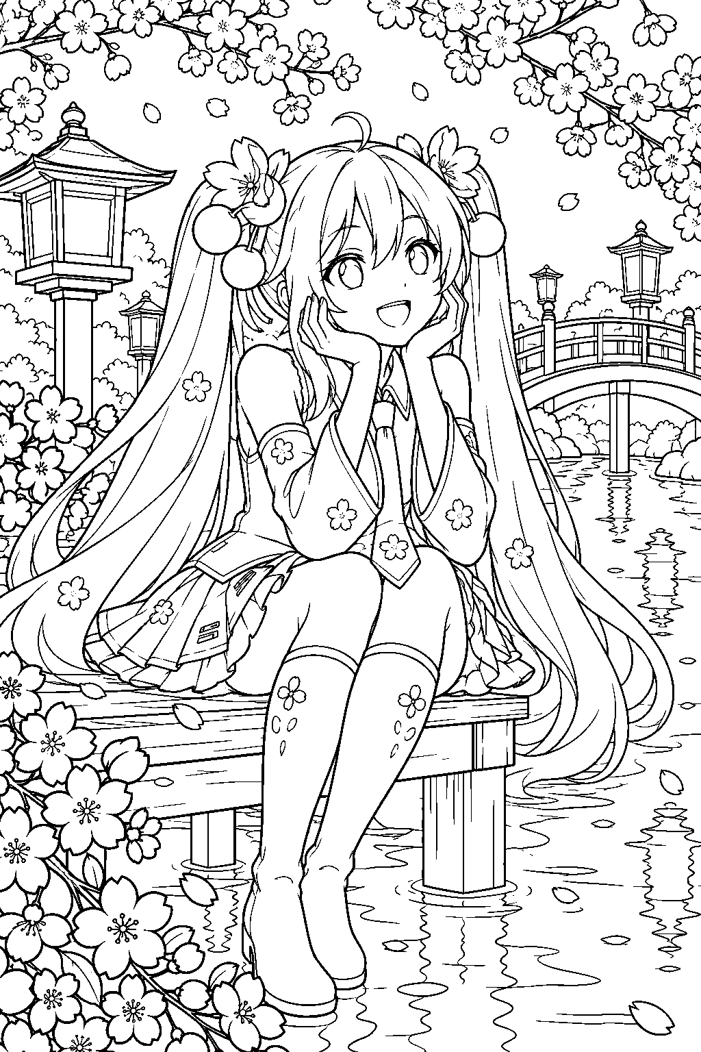 sakura miku admiring cherry blossom reflections beside a lantern lit pond line art