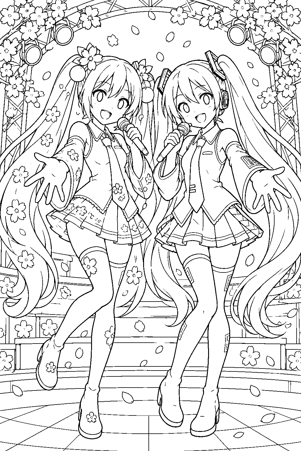 sakura miku and hatsune miku singing a duet on a blossom decorated stage line art