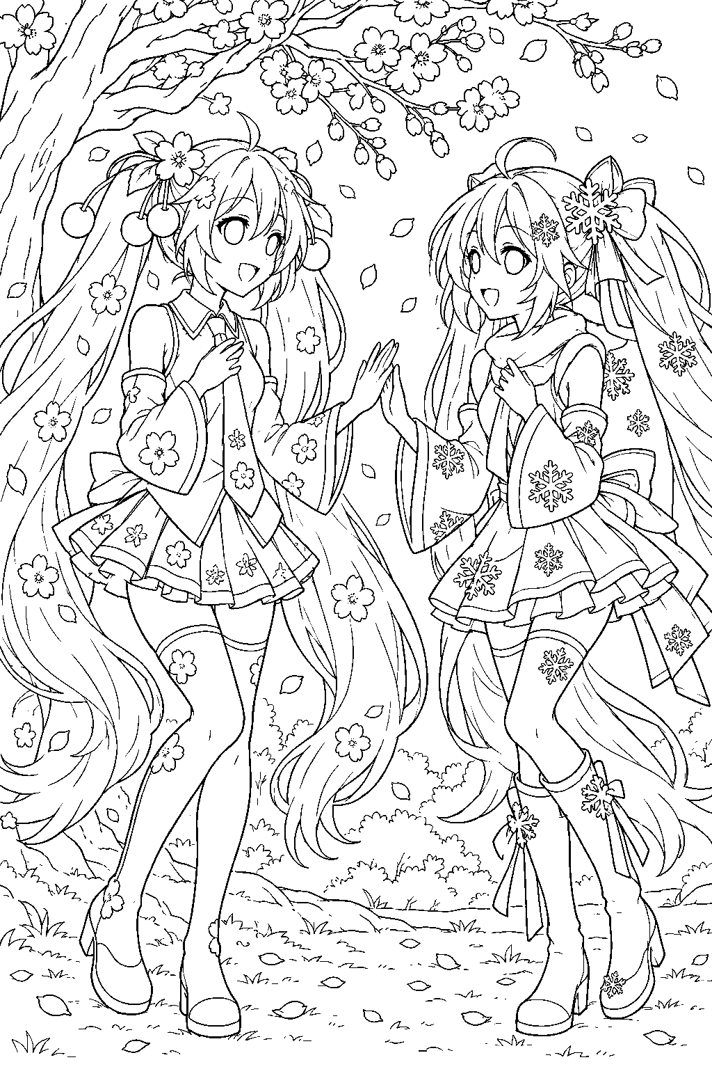 sakura miku and snow miku greeting each other beneath a budding cherry tree line art