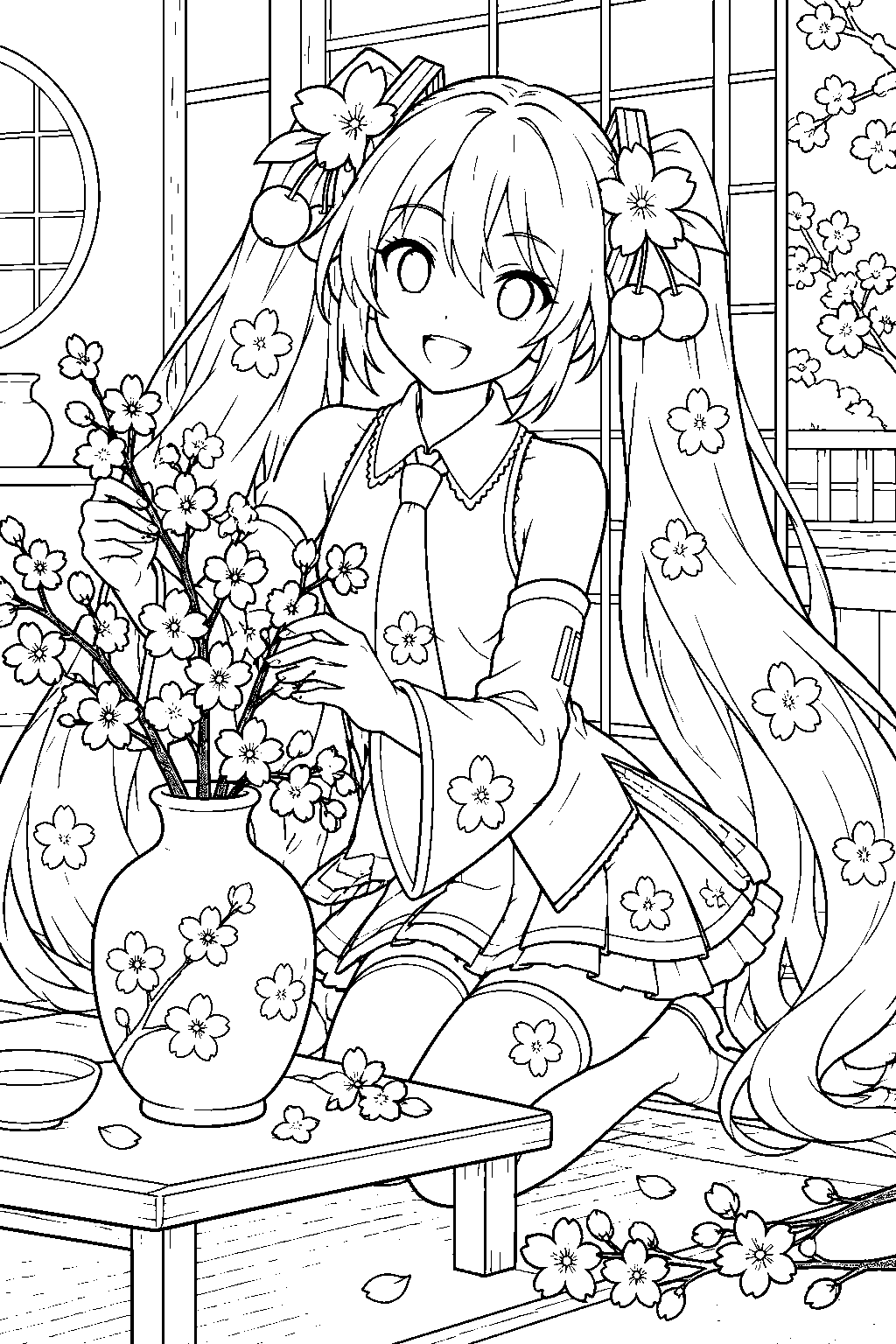 sakura miku arranging cherry blossom branches in a vase inside a tea house line art