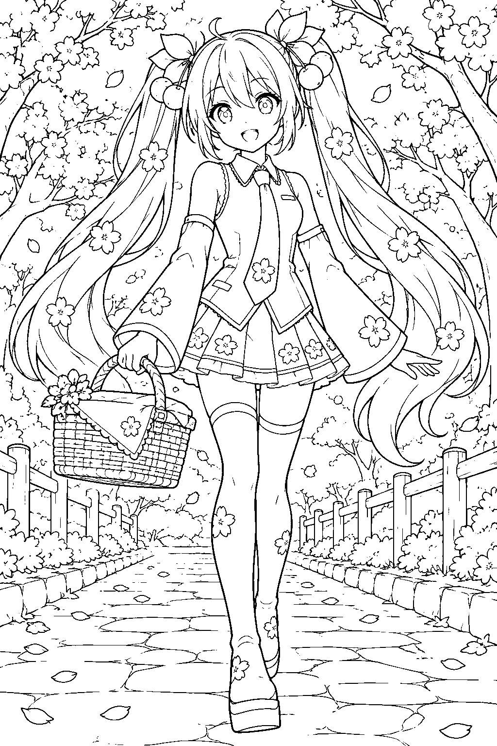 sakura miku carrying a picnic basket along a cherry blossom avenue line art