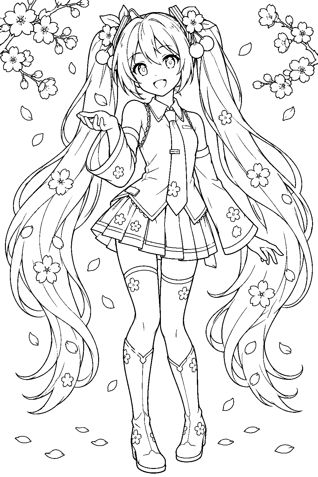 sakura miku catching a falling cherry blossom petal in her open palm line art