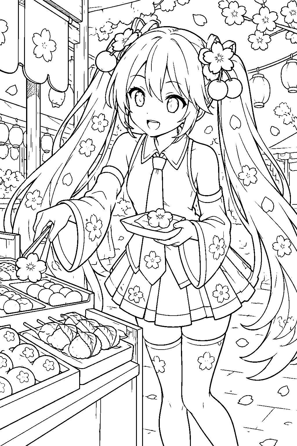 sakura miku choosing a cherry blossom sweet at a spring festival food stall line art