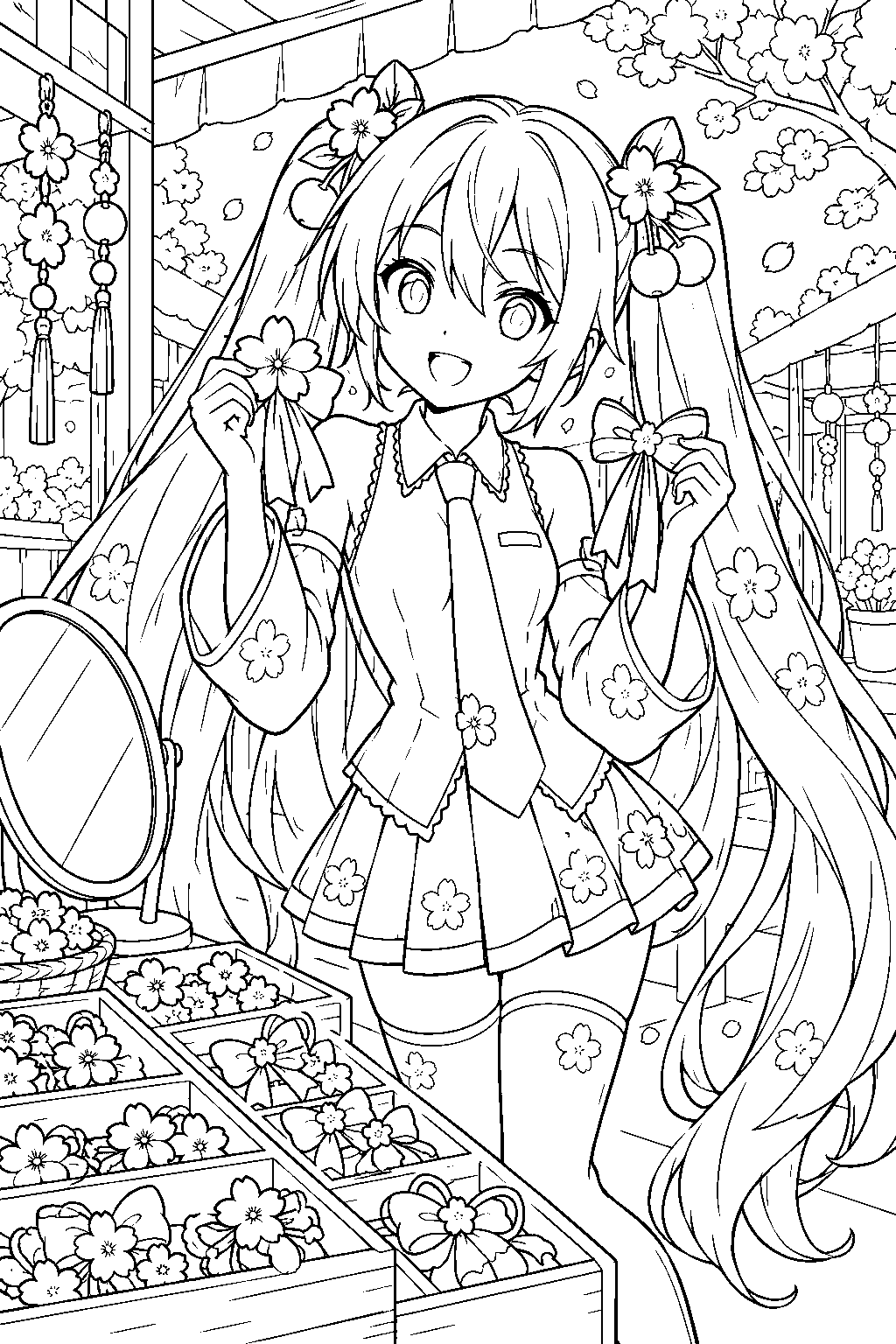 sakura miku choosing cherry blossom hair ribbons at a spring market line art