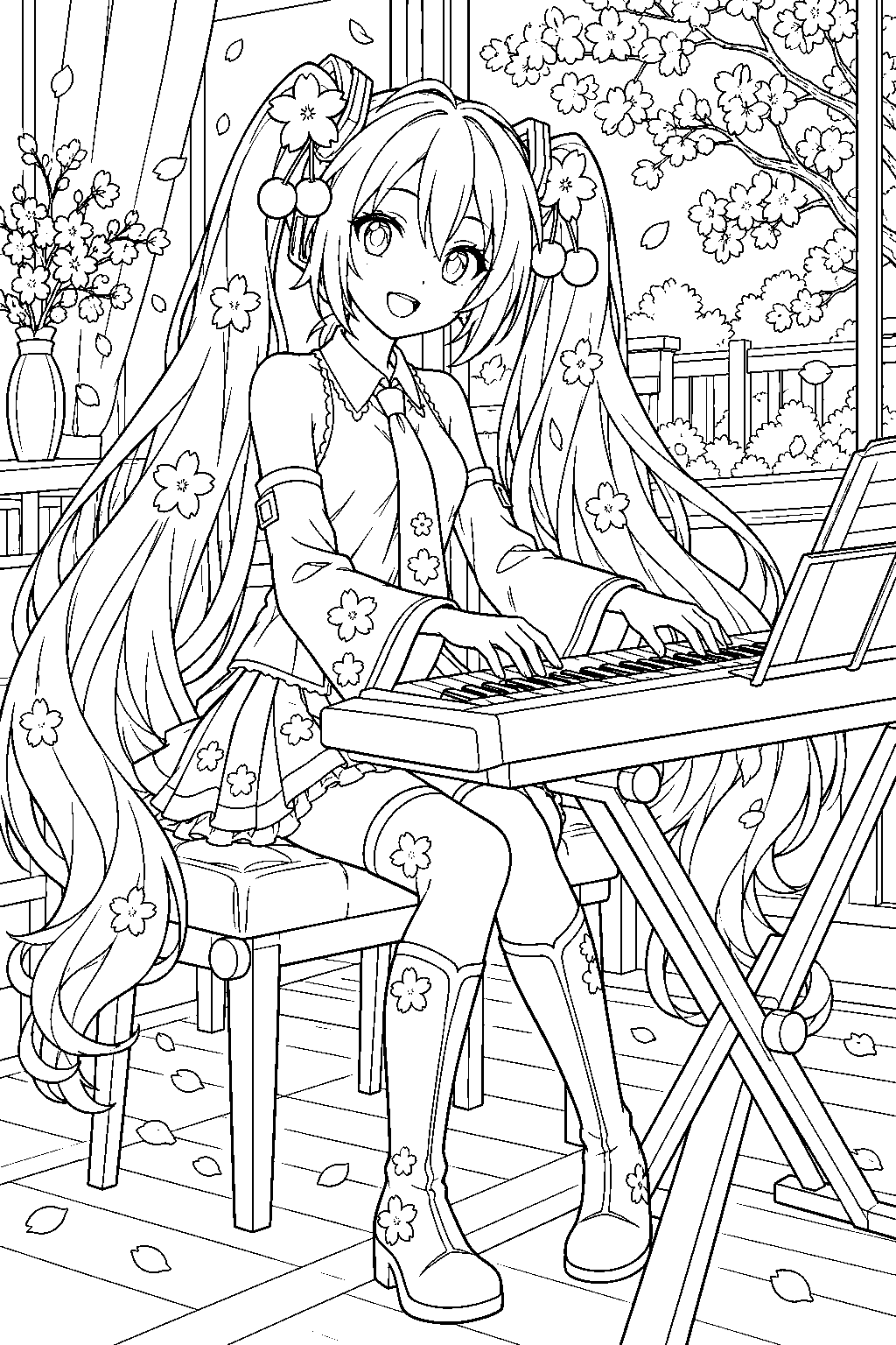 sakura miku composing a spring melody at a keyboard beside a sakura garden window line art