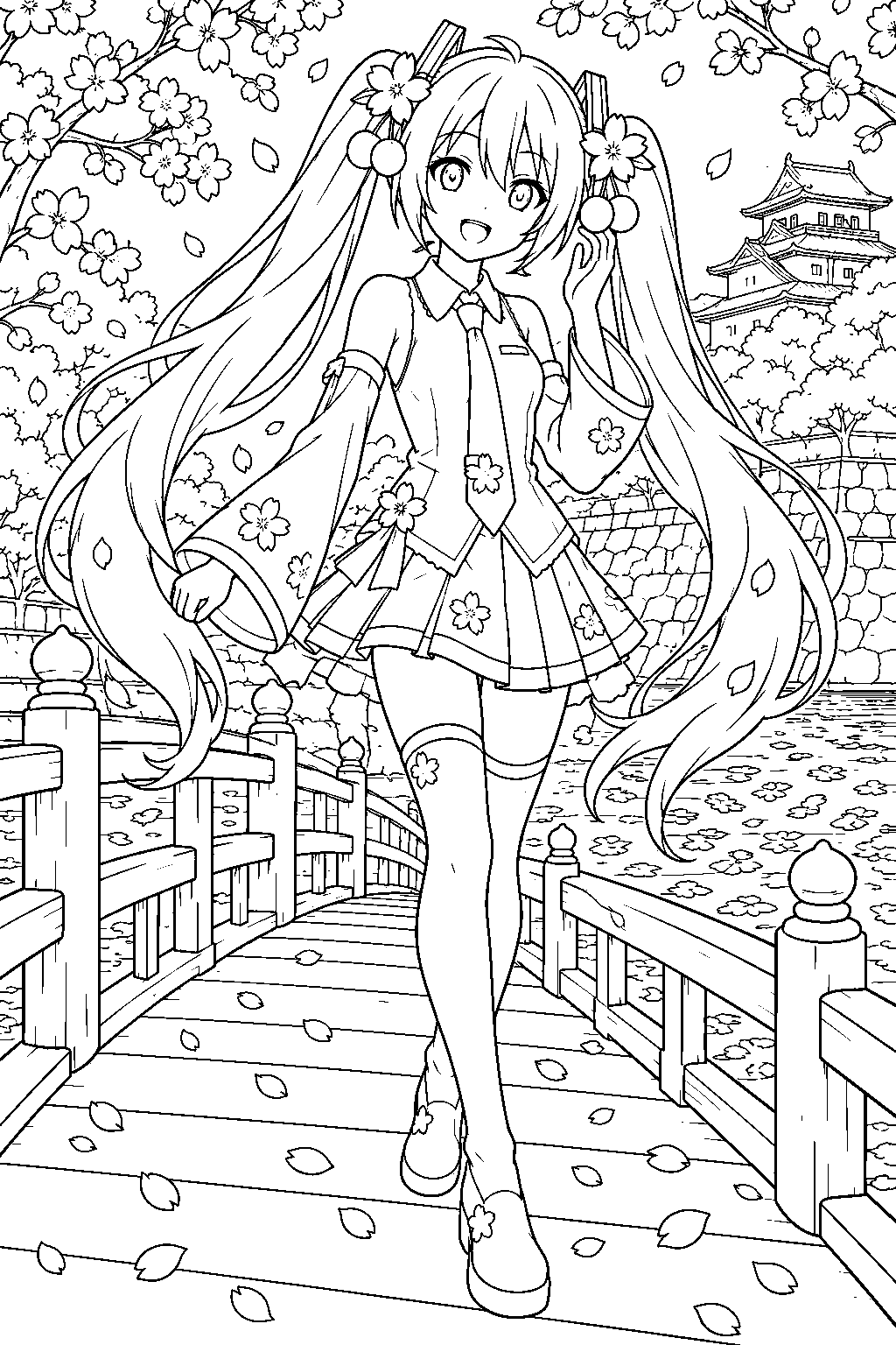 sakura miku crossing a wooden bridge above a moat covered with sakura petals line art
