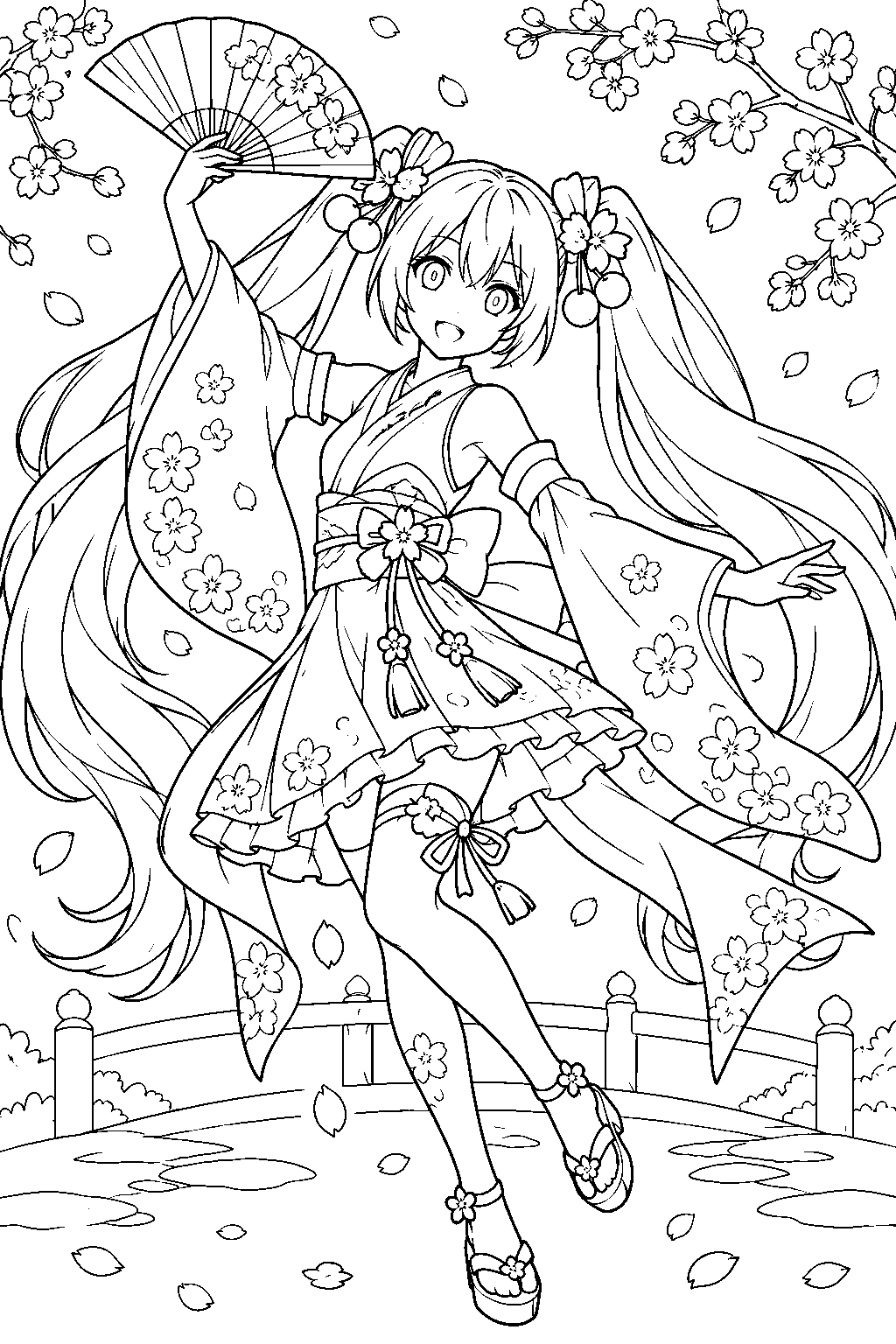 sakura miku dancing with a folding fan in a cherry blossom kimono line art