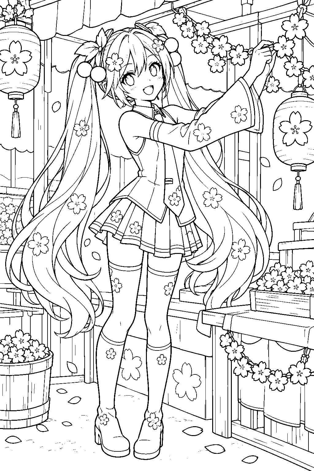 sakura miku decorating a spring festival booth with cherry blossom garlands line art