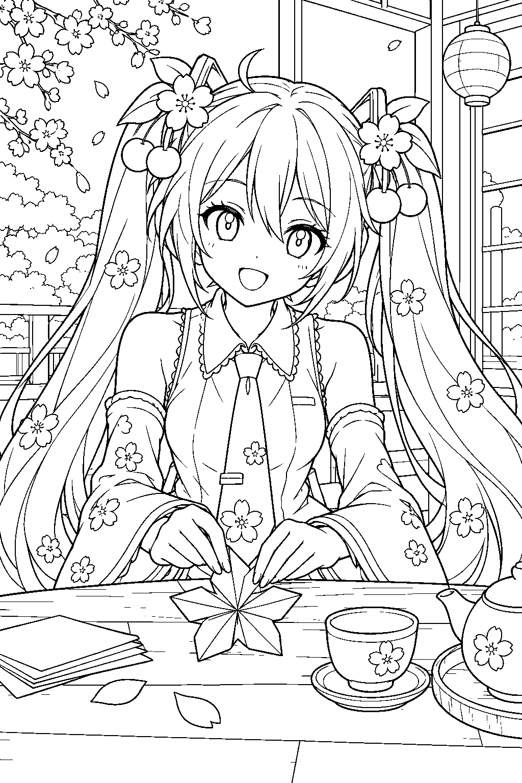 sakura miku folding an origami cherry blossom at a tea house table line art