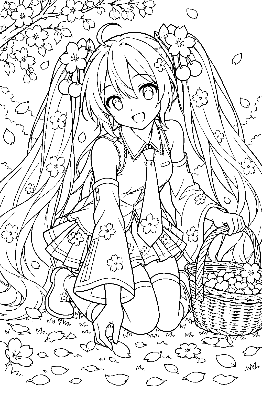 sakura miku gathering fallen cherry blossom petals into a basket line art