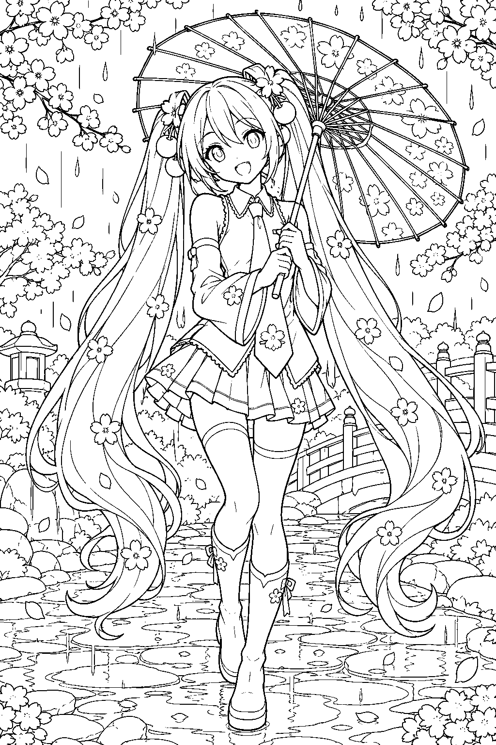 sakura miku holding a parasol during a spring shower in a sakura garden line art