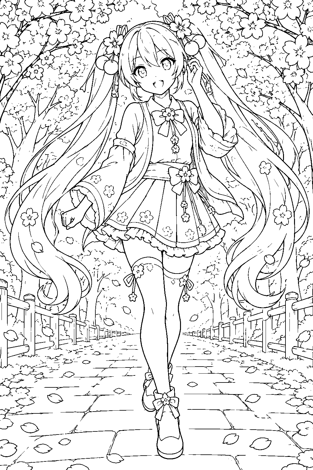 sakura miku in her hanami outfit walking through a cherry blossom tunnel line art