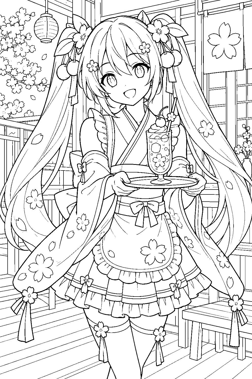 sakura miku in her japanese cafe outfit serving cherry soda at a tea house line art