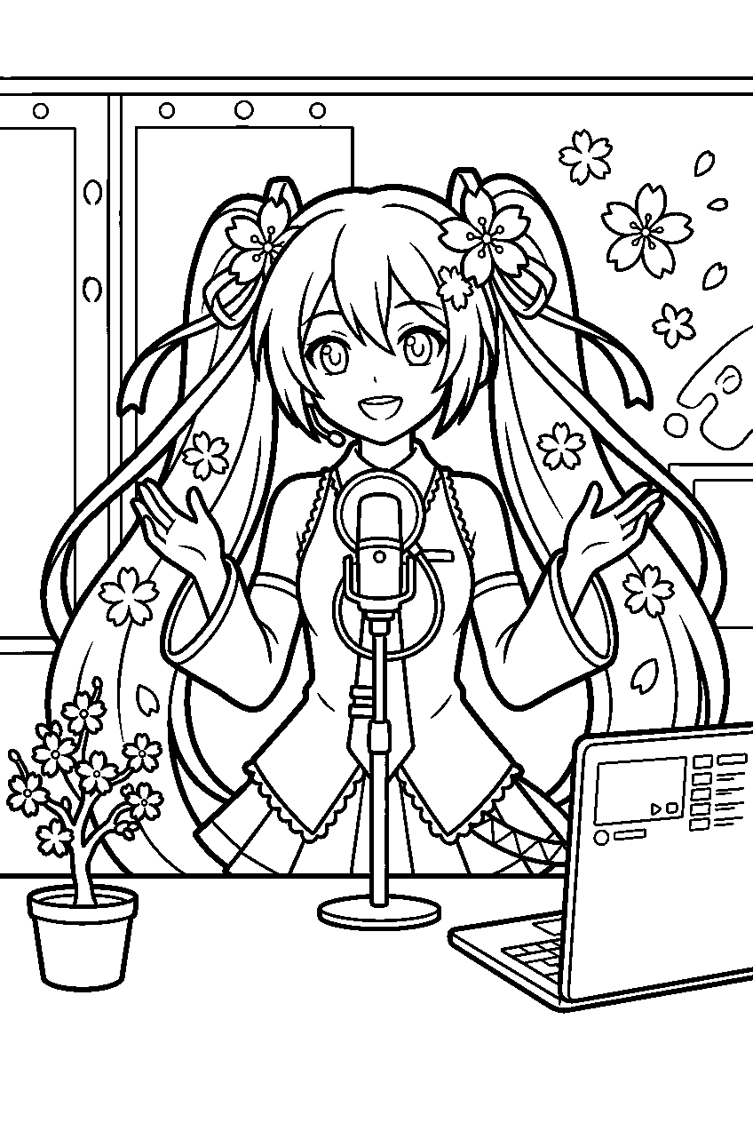 sakura miku in live streaming studio line art