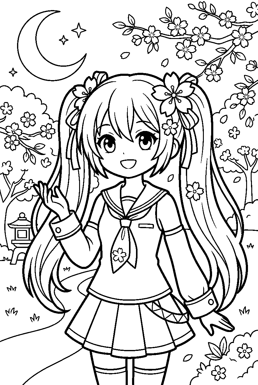 sakura miku in moonlit garden line art