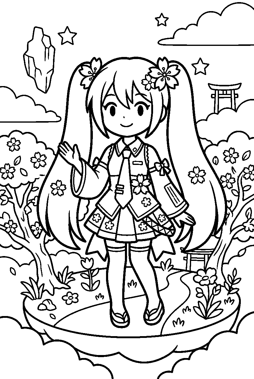 sakura miku in sky garden line art