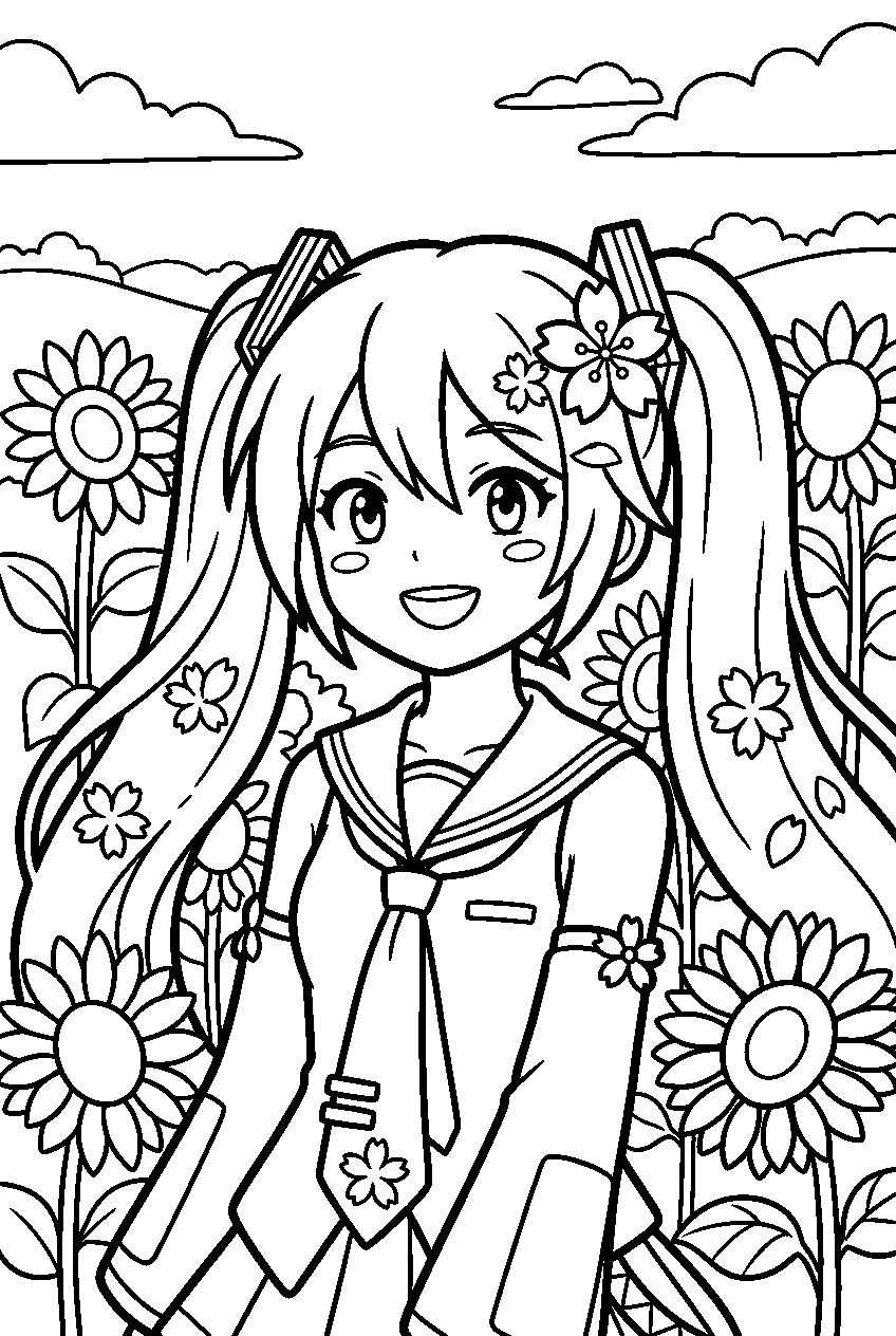 sakura miku in sunflower field line art
