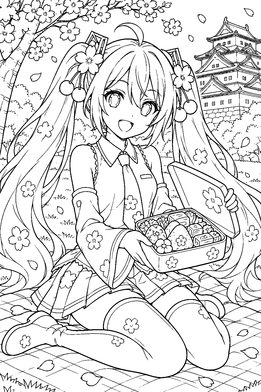sakura miku opening a bento box for a hanami picnic on the castle lawn line art