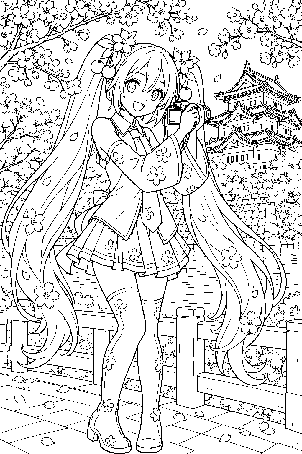 sakura miku photographing hirosaki castle framed by cherry blossom branches line art