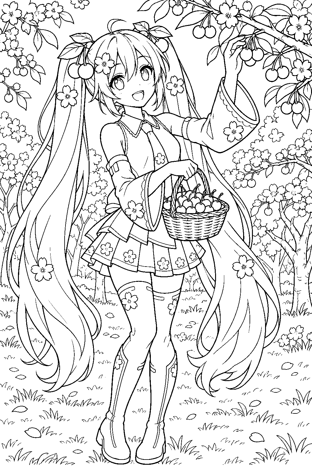 sakura miku picking cherries from a low branch in a cherry orchard line art
