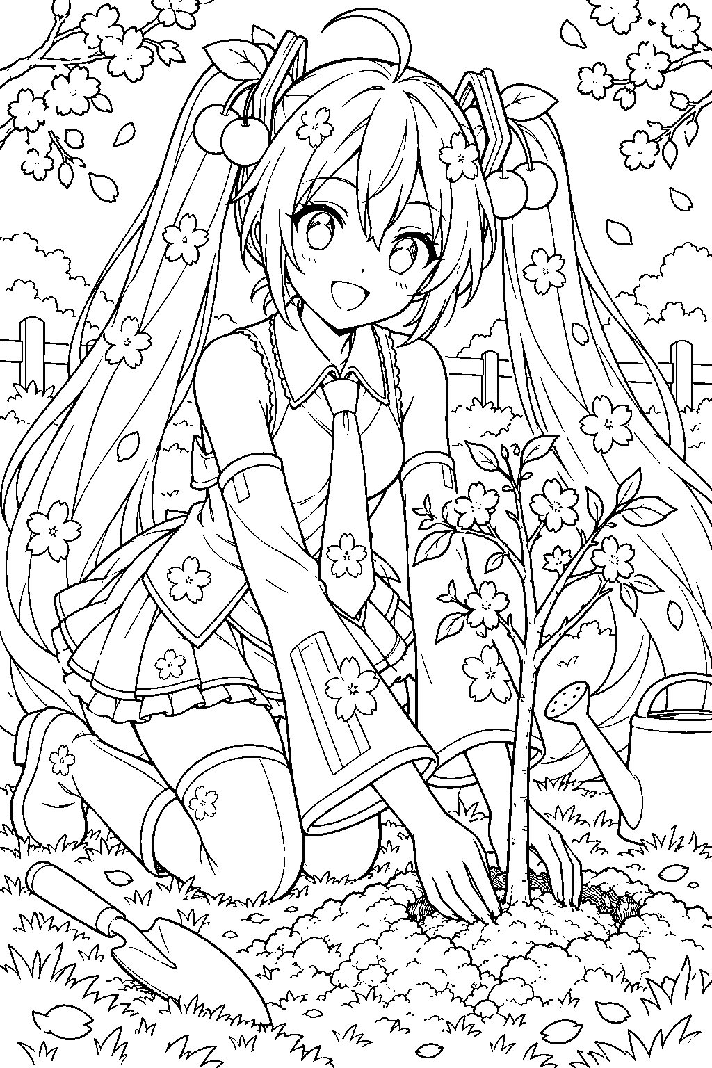 sakura miku planting a young cherry tree in a spring garden line art
