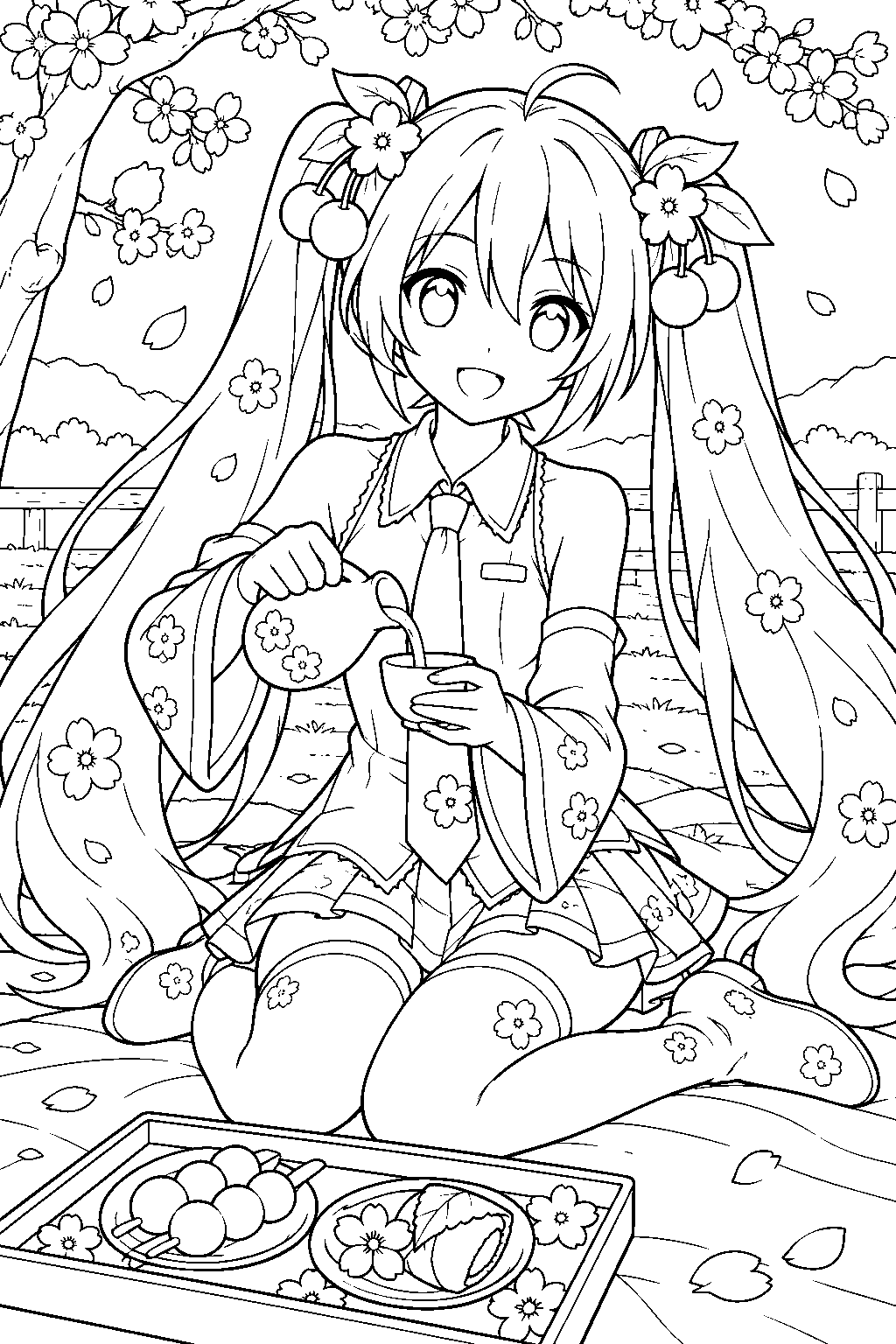 sakura miku pouring amazake into a small cup beside a hanami snack tray line art