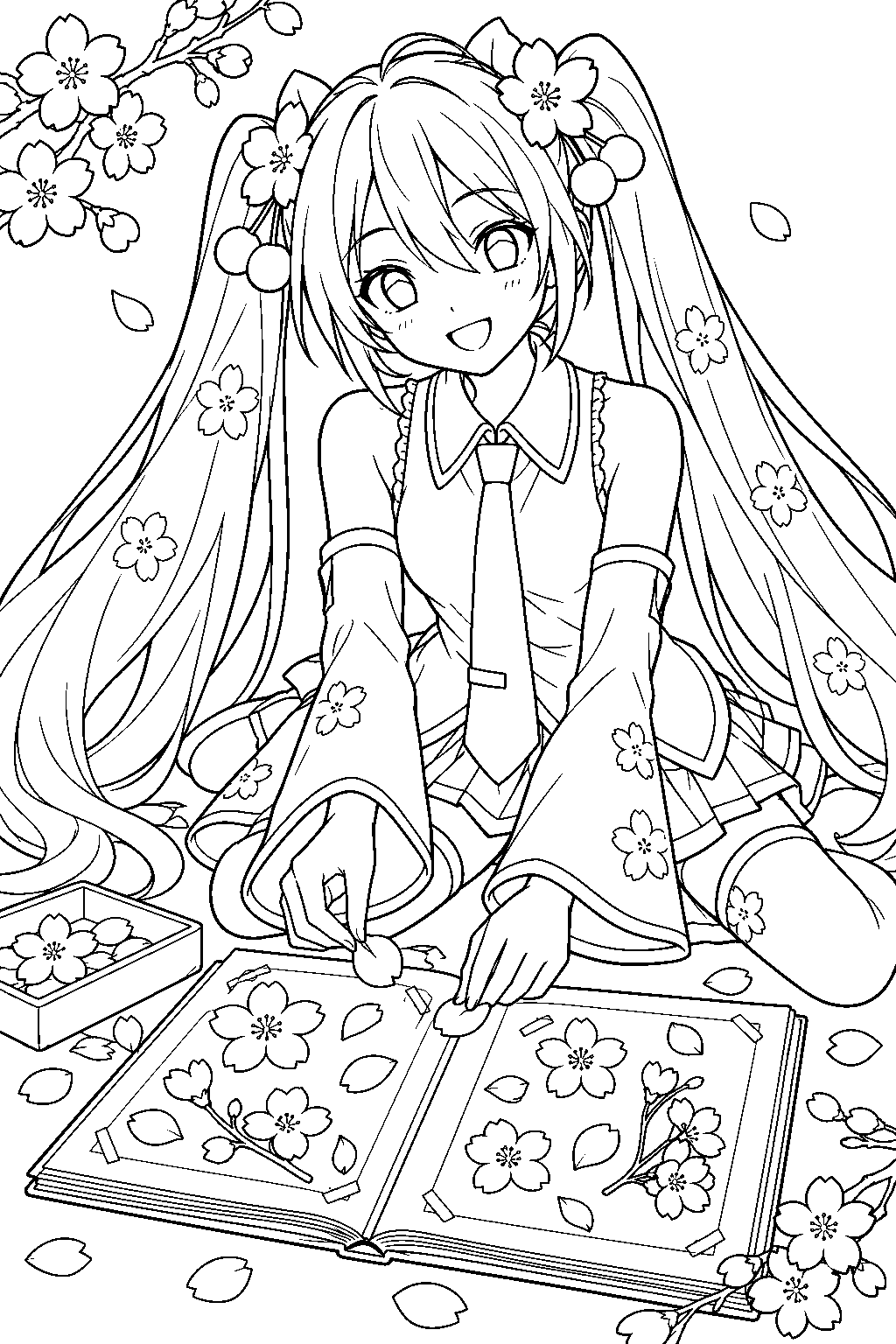 sakura miku pressing cherry blossom petals into a flower album line art