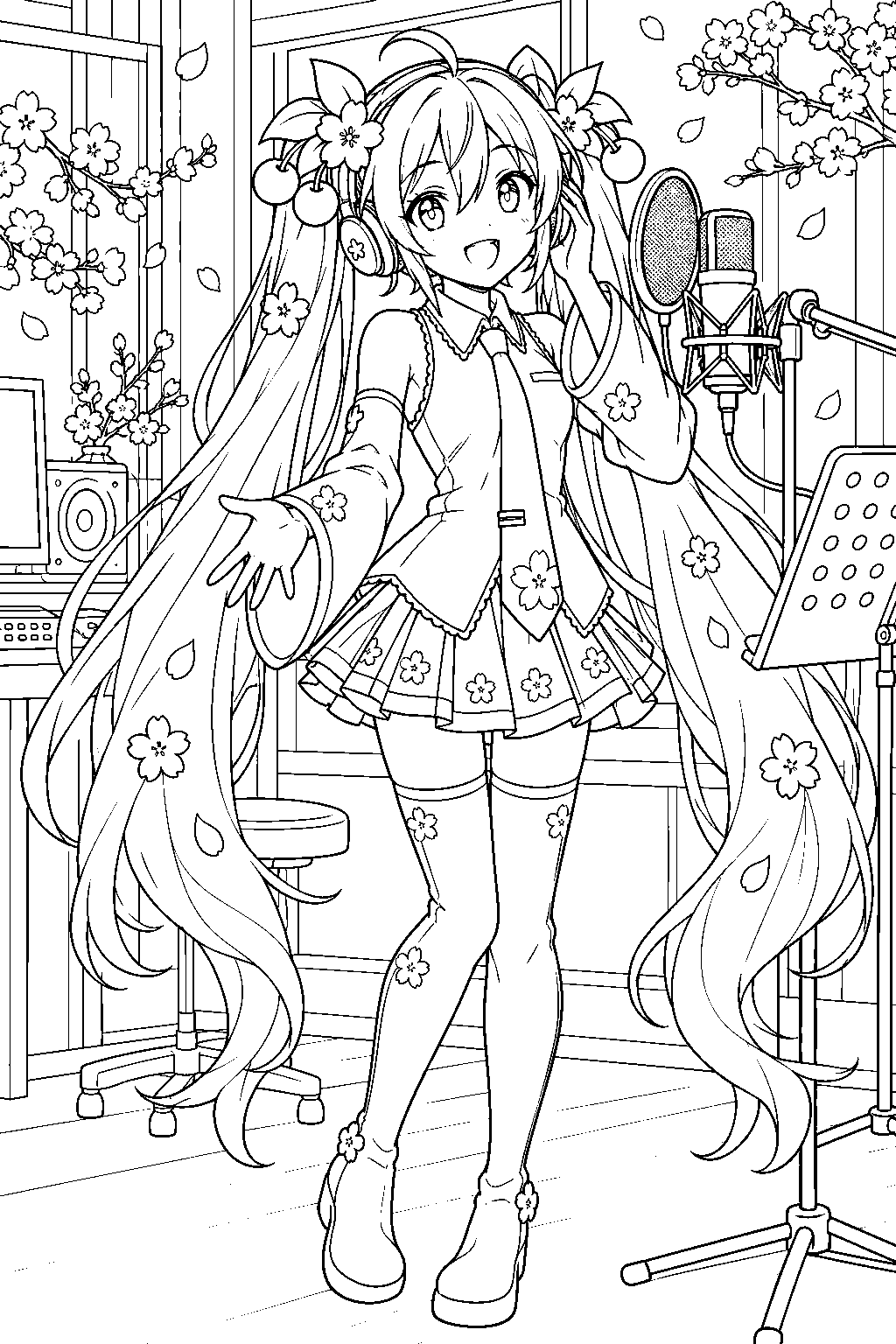 sakura miku recording a spring song in a studio with cherry blossom decorations line art