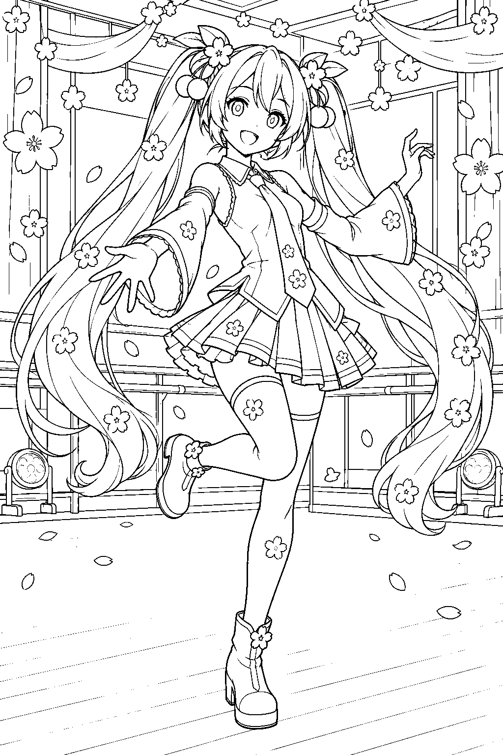sakura miku rehearsing a spring dance in a studio with sakura stage decorations line art