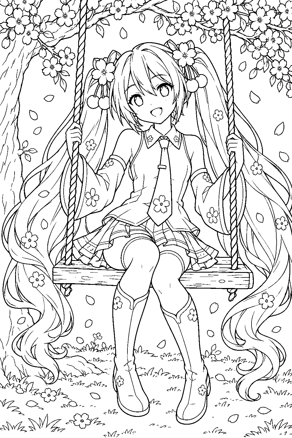 sakura miku resting on a garden swing beneath cherry blossom branches line art