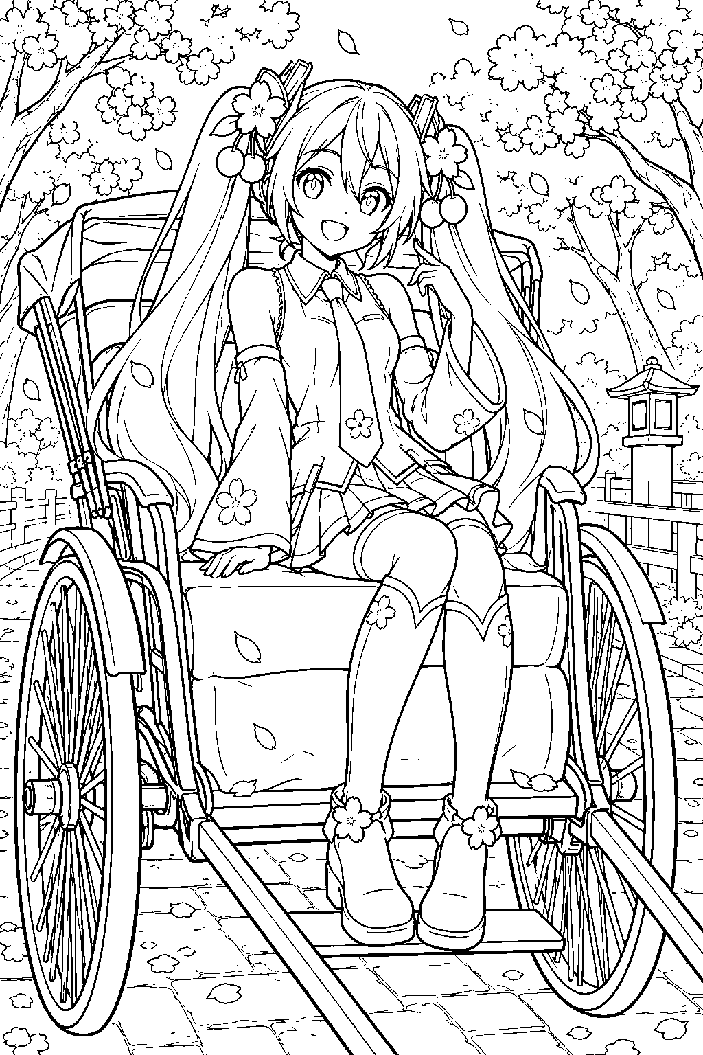 sakura miku riding in a rickshaw along a cherry blossom lined park path line art