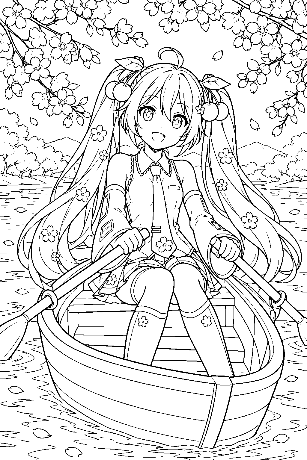 sakura miku rowing a small boat beneath overhanging cherry blossom branches line art