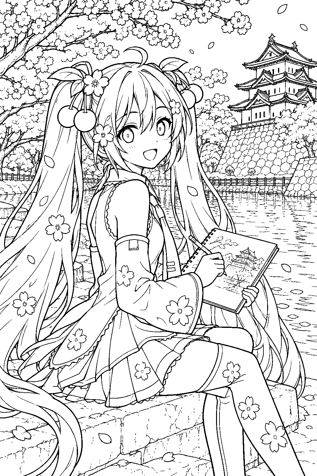 sakura miku sketching cherry blossom trees beside the hirosaki castle moat line art