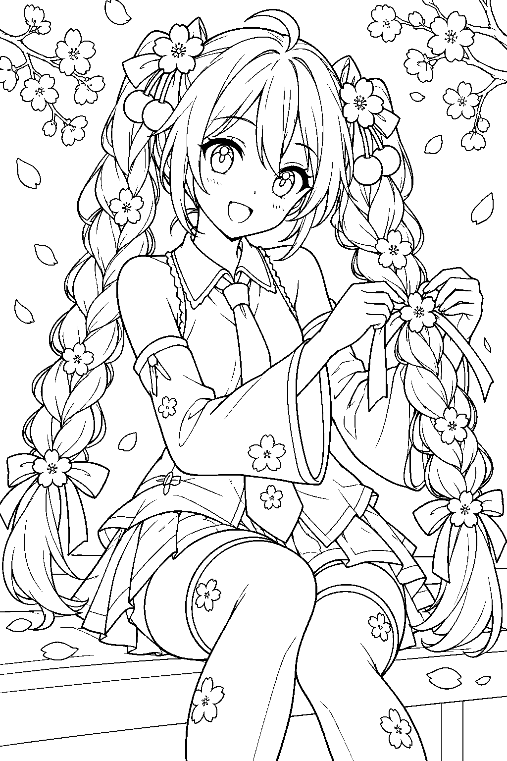 sakura miku tying a cherry blossom ribbon around one braided twin tail line art
