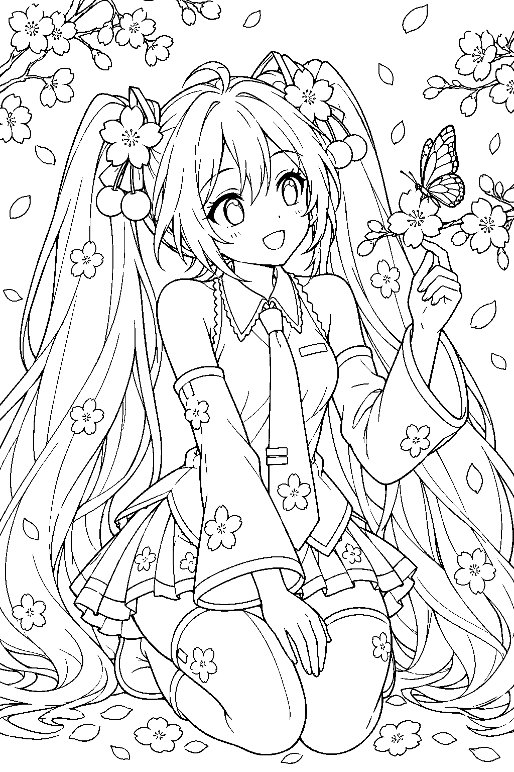 sakura miku watching a butterfly resting on a cherry blossom line art