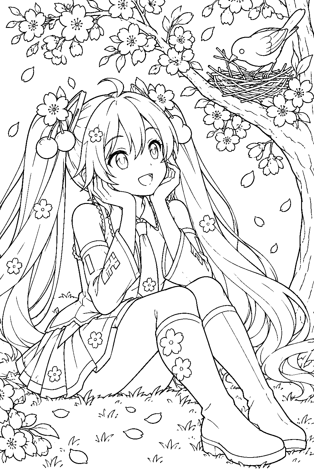 sakura miku watching a small bird build a nest in a flowering sakura tree line art
