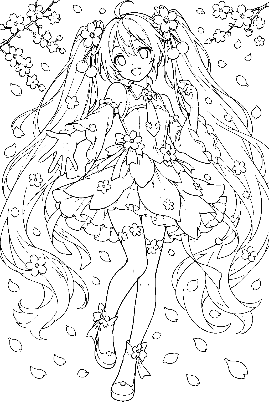 sakura miku wearing a layered cherry blossom petal dress among drifting sakura petals line art