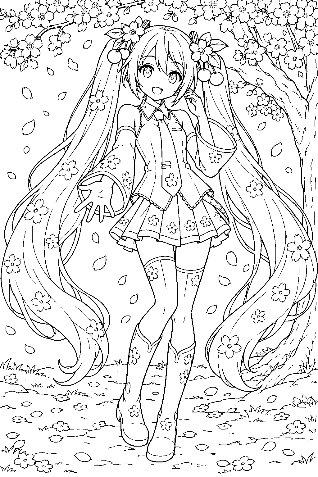 sakura miku wearing her classic cherry blossom outfit beneath a flowering sakura tree line art