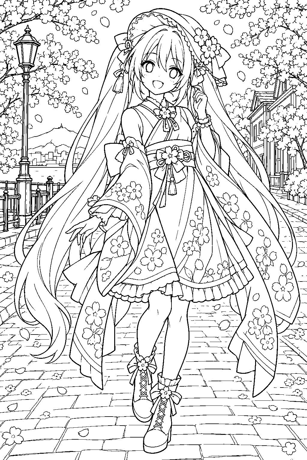 sakura miku wearing her hakodate kimono and bonnet on a blossom lined street line art