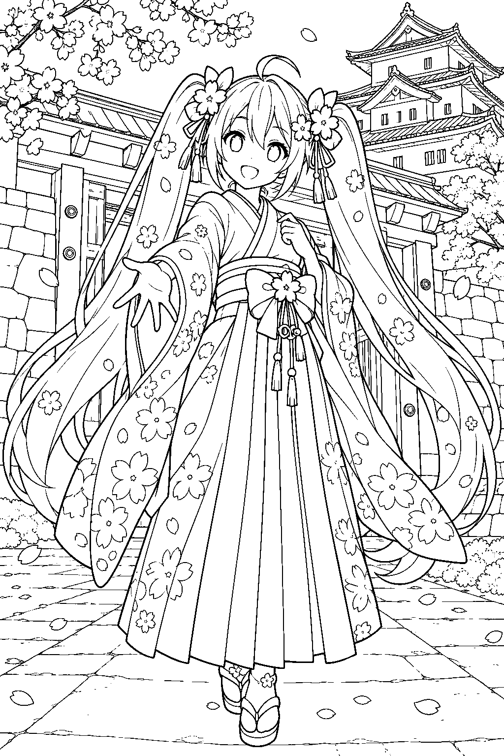 sakura miku wearing her hirosaki kimono and hakama outside a castle gate line art