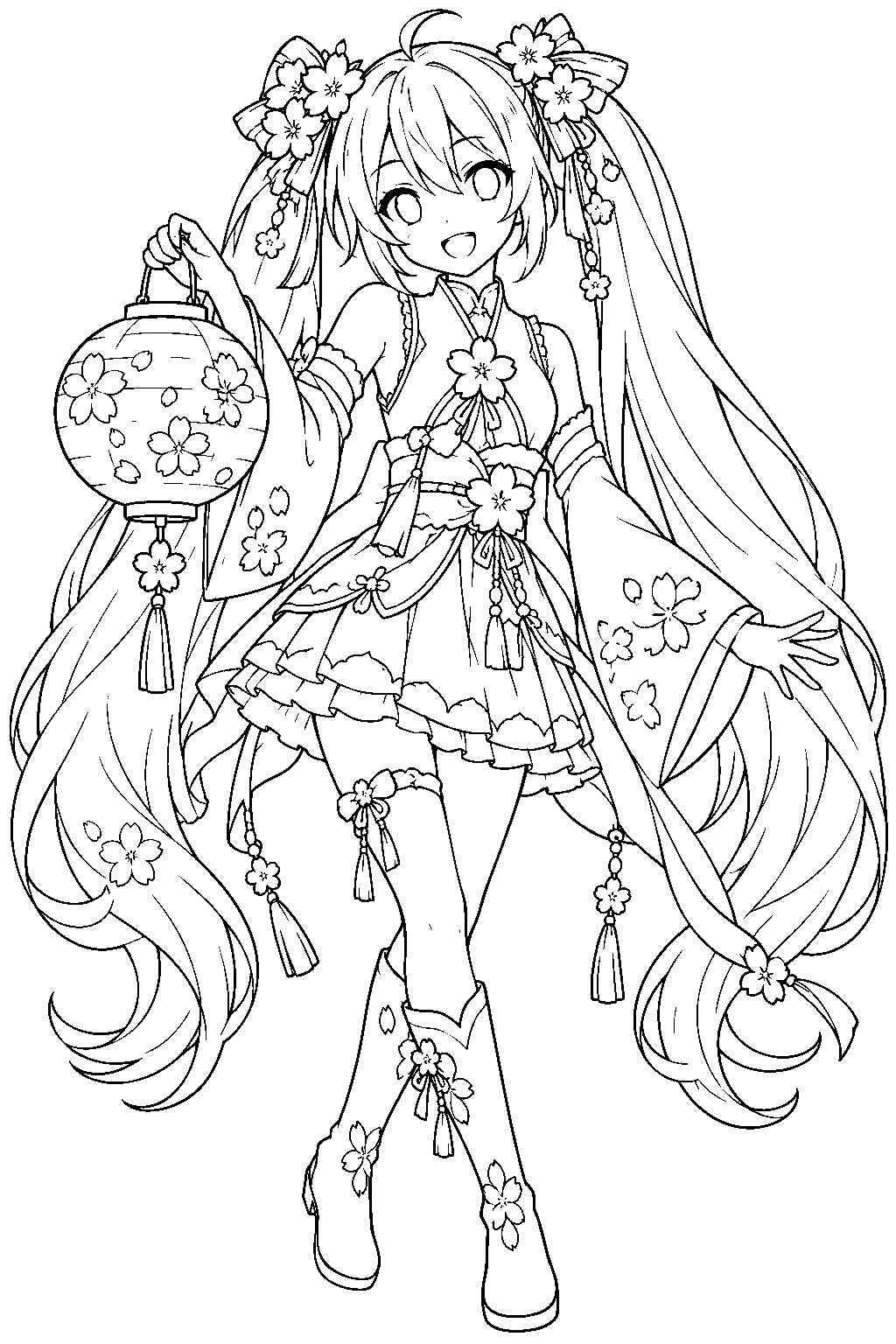 sakura miku wearing her sakura lantern outfit and holding a blossom patterned paper lantern line art