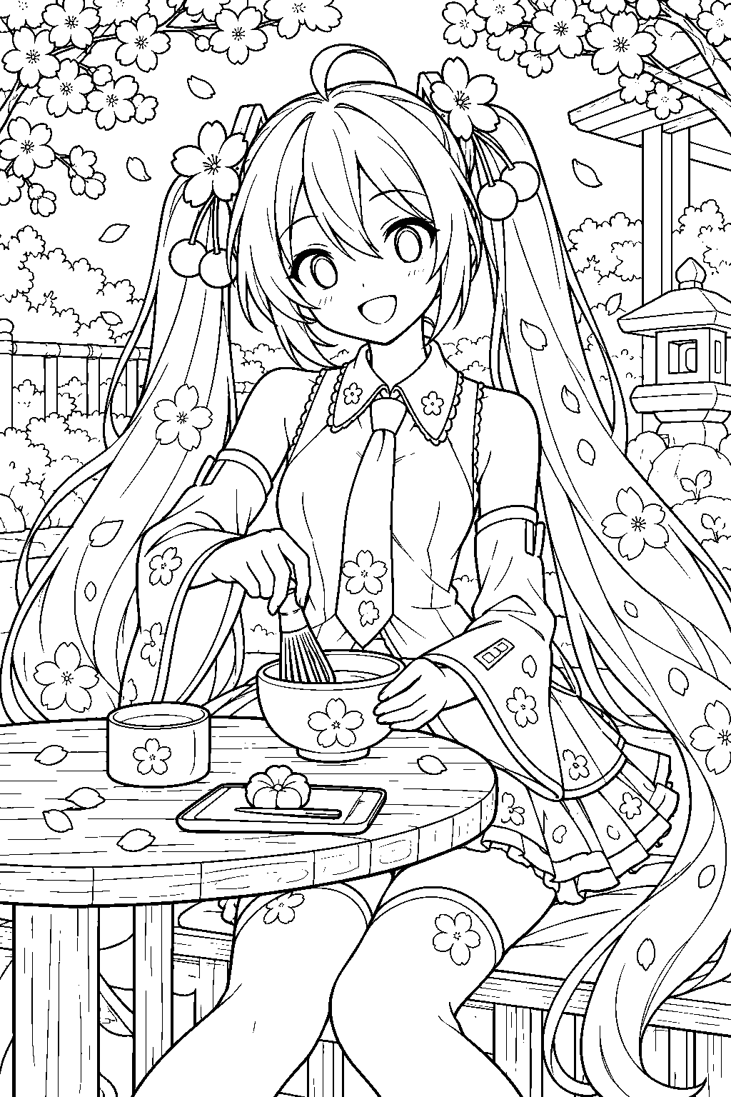 sakura miku whisking matcha at a garden tea table beneath cherry blossoms line art