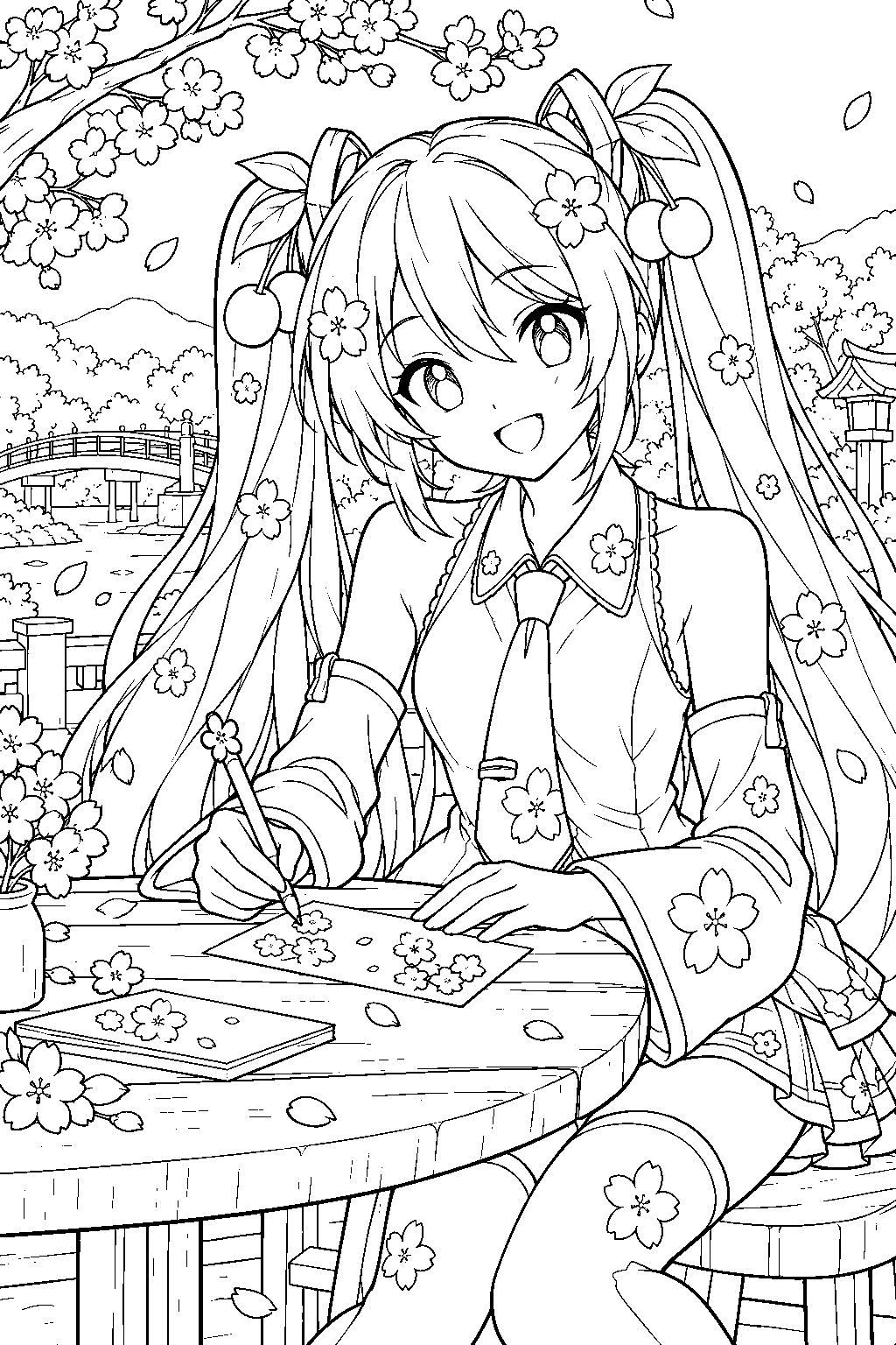 sakura miku writing a spring postcard with cherry blossom scenery beside her line art
